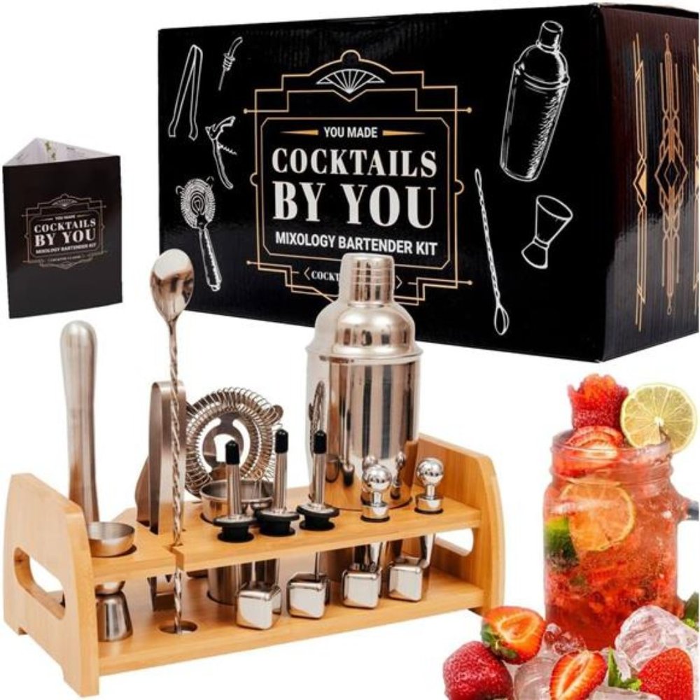 Cocktail Mixology Shaker Set - Bartender Kit with Bamboo Stand